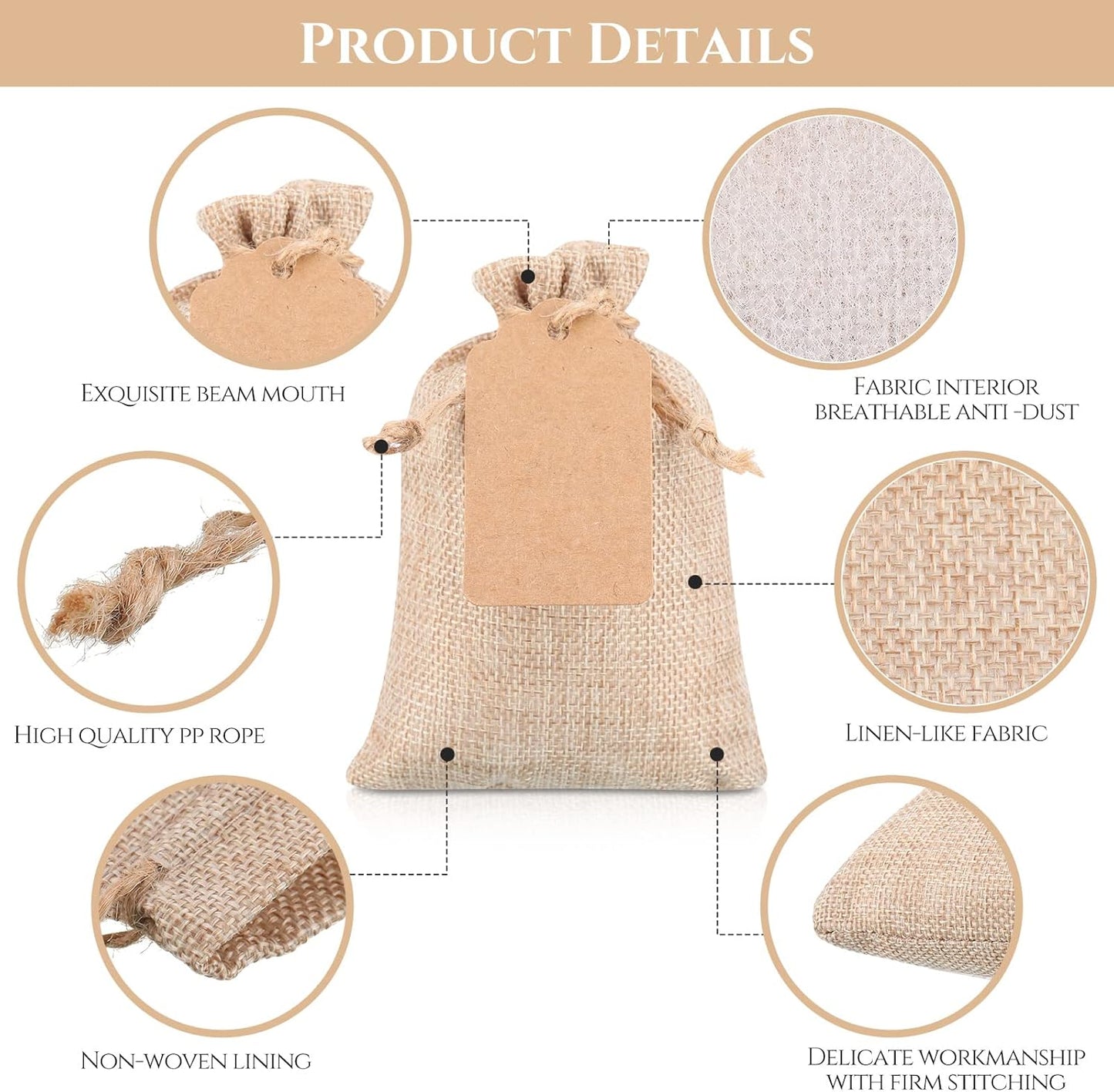 Woanger 100 Pcs Burlap Gift Bags with 100 Pcs Kraft Paper Gift Tags with Drawstring Favor Bulk Burlap Sack Bags for DIY Wedding Party Craft(4 x 6 Inch,Light Brown)