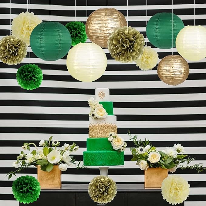 Green Gold Party Decorations, Hanging Paper Lanterns and Pom Poms Flowers for Woodland Baby Shower Graduation Green Birthday Party Decor 15 Pieces