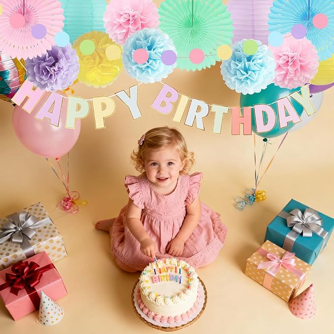 Pastel Birthday Decorations for Women or Girls - Pastel Happy Birthday Banner, Hanging Colorful Paper Lanterns and Fans, Tissue Paper Pom Poms, Rainbow Party Decorations Set