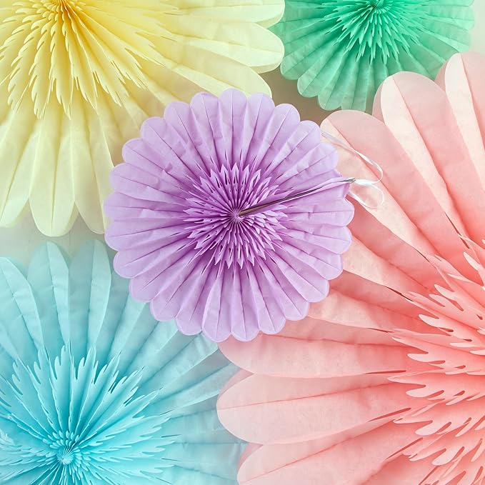 PAPER JAZZ 9pcs Spring Pastel Paper Fans Party Decoration,Paper Flowers Wall Decoration, Rainbow Birthday Party Decorations Tissue Pom Poms for Birthday Wedding Baby Shower Classroom.