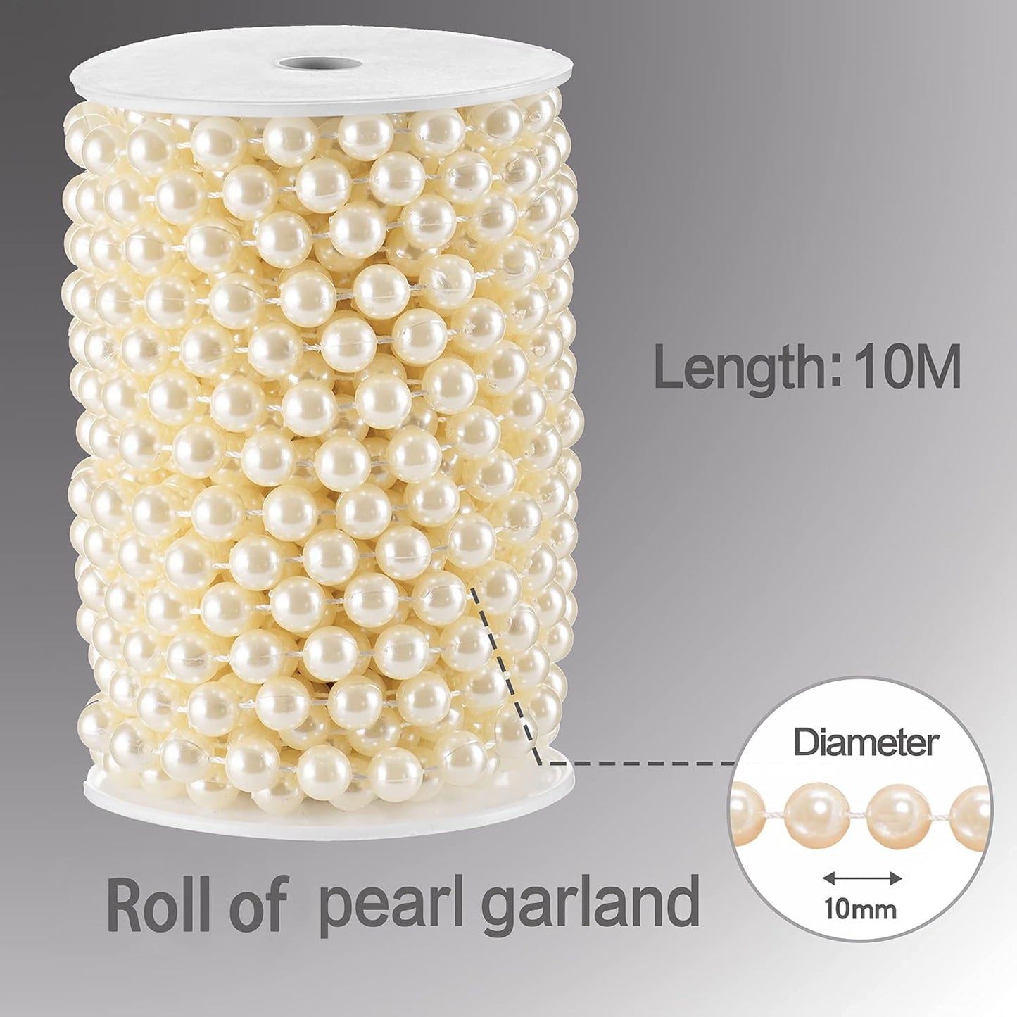 Craft String Pearls 10MM Round White Faux Pearl Garland, 33Feet Ivory Wedding Party Decoration, Christmas Tree Decorations