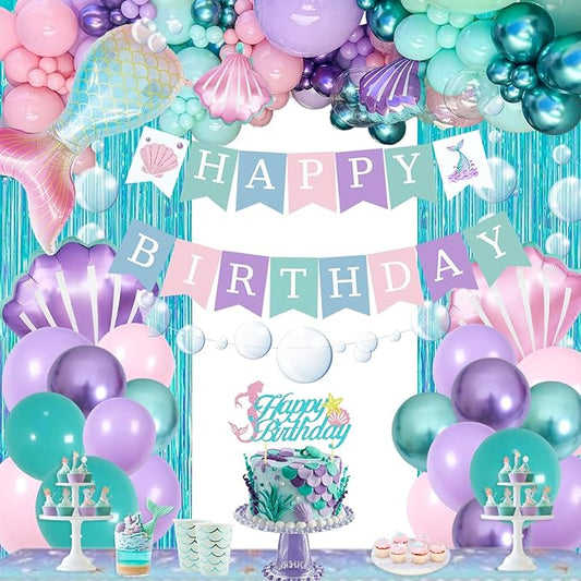 Mermaid Birthday Decorations, Birthday Decorations for Girls Women, Little Mermaid Under the Sea Party Decor Supplies with Mermaidtail Balloons Bubble Garland banner Fringe Backdrop Cake Topper