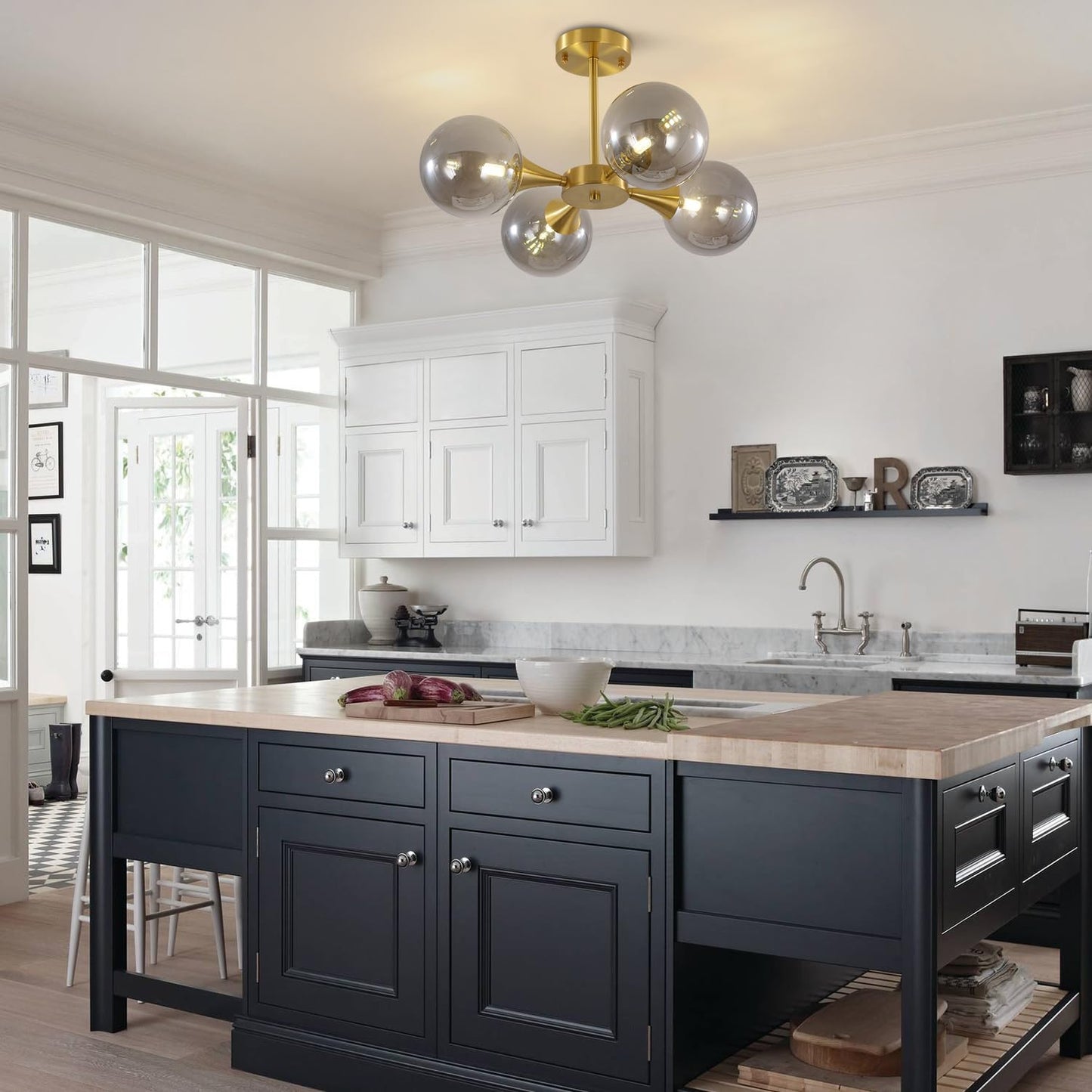 KCO Lighting 4-Lights Modern Gold Globe Semi Flush Mount Ceiling Light Mid Century Brushed Brass Schoolhouse Close to Ceiling Light Smoke Gray Glass Chandelier Lighting for Bedroom