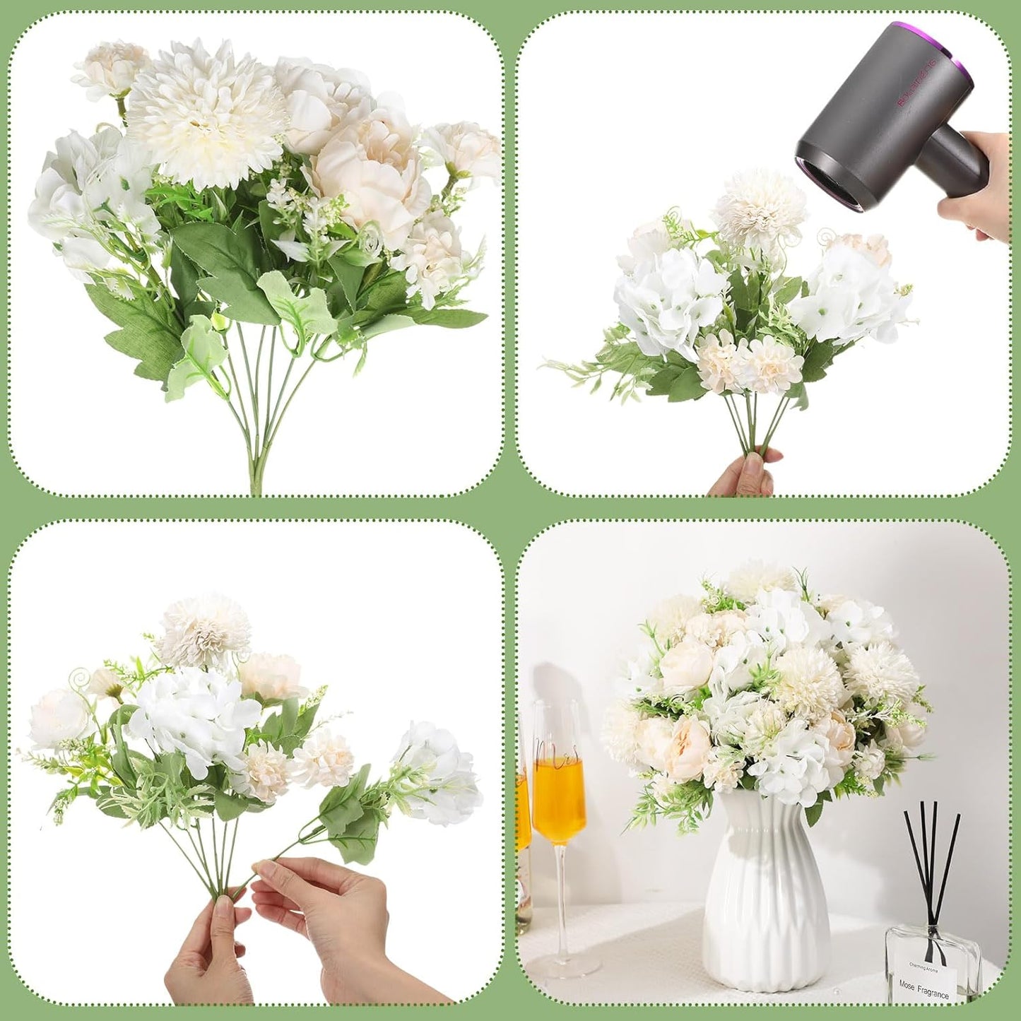 Tigeen Artificial Flowers Artificial Peonies Silk Flowers Faux Peony Fake Peony Silk Hydrangea Bouquet for Wedding Table Centerpiece Floral Vase Decor(Champagne White,12 Bundles)