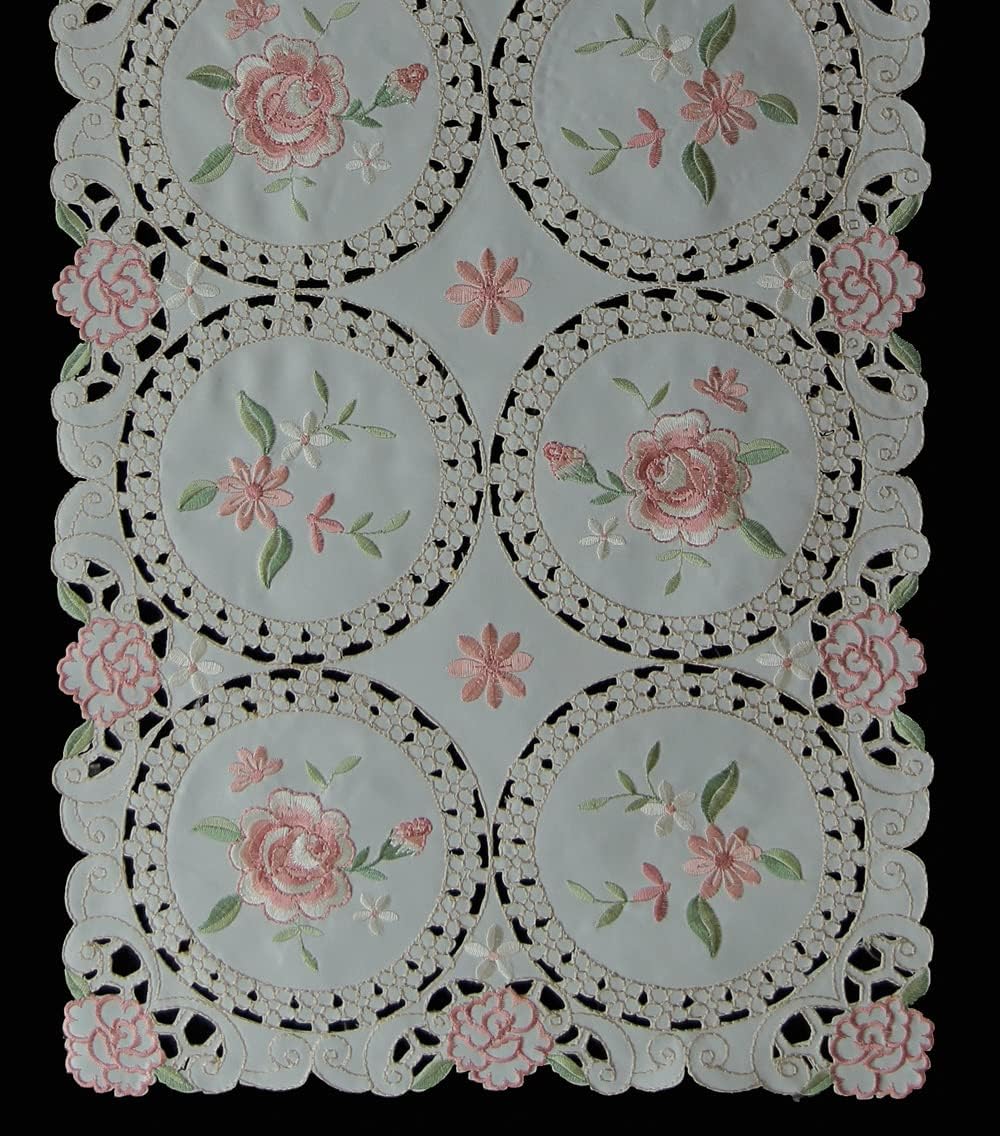 Creative Linens Embroidered Pink Rose Daisy Floral Table Runner Dresser Scarf 15x52 Ivory Spring