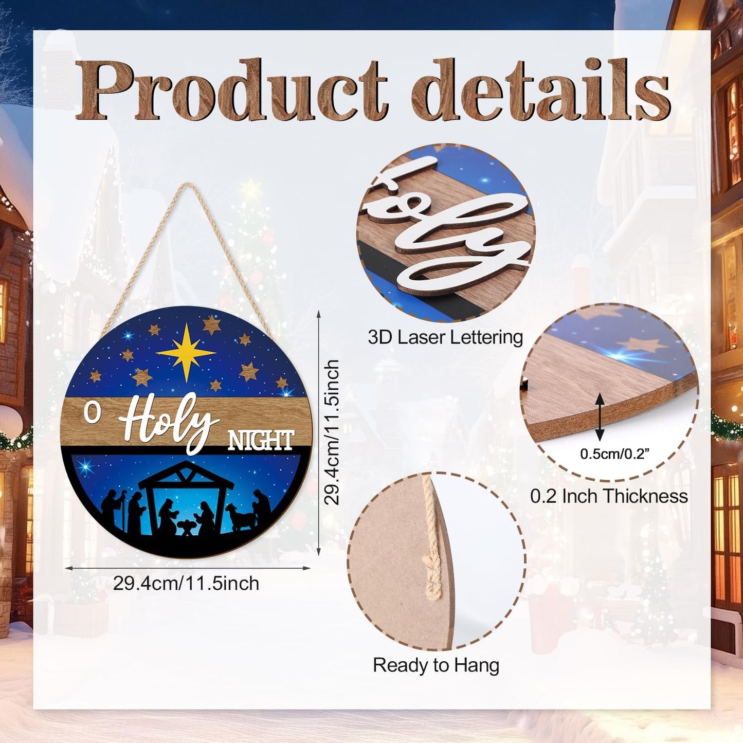 CHDITB 3D O Holy Night Jesus Christmas Front Door Sign(12"x12"), Wooden Nativity Scene Christian Decoration Wall Hanging, Rustic Religious Winter Holiday Decor for Home Indoor Outdoor