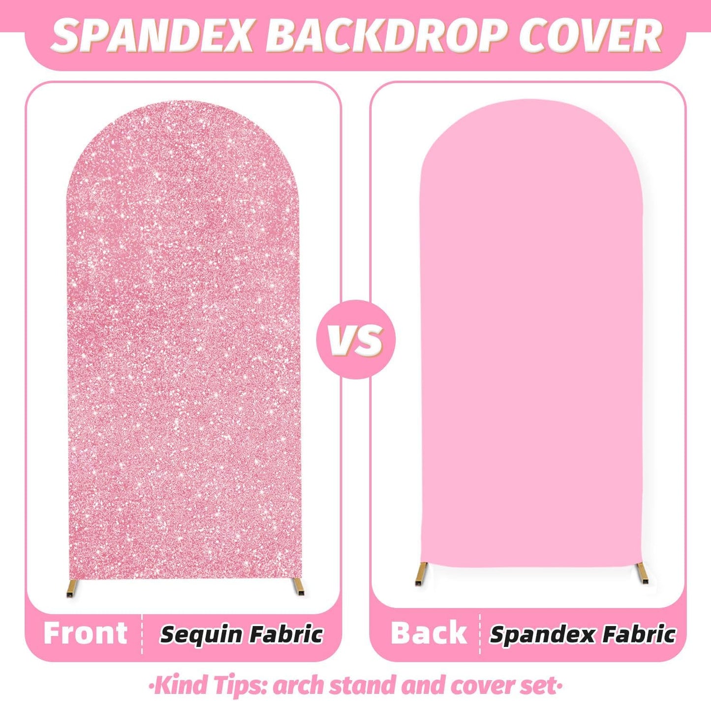 MODFUNS Metal Arch Backdrop Stand and Cover Set 6&6.6&7.2ft Pink Gold Sequins Arch Backdrop Covers Set of 3 Arched Stands Chiara Arches Cover for Party Banquet Wedding Ceremony Decor