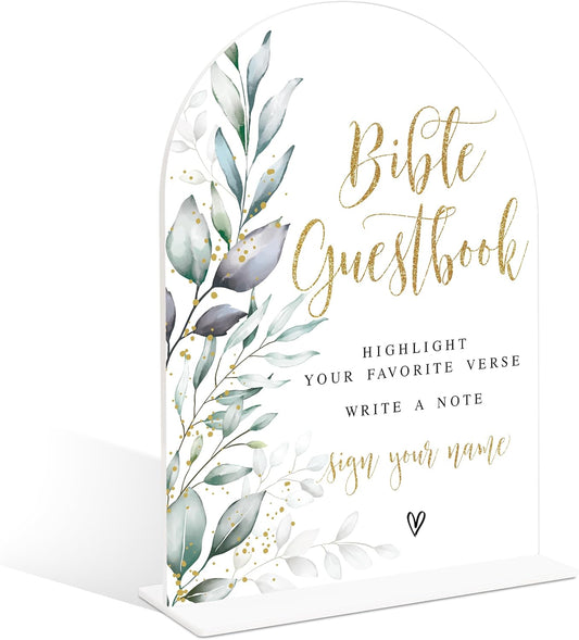 Acrylic Wedding Signs, Greenery Theme Bible Guestbook Sign, Wedding Reception Signage, Bridal Shower Table Decor with Stand, Engagement, Anniversary, Newlywed Events and Parties Supplies, 21