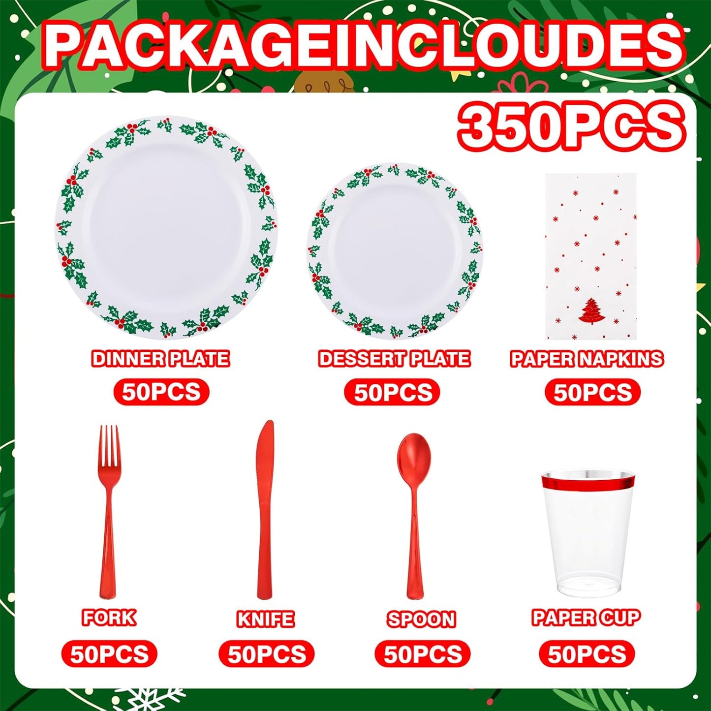 WDF 350pcs Christmas Plates and Napkins Set - Exquisite Holly Design - Christmas Dinnerware Set of 50 Plastic Plates 50 Red Silverware Set&Cups& Napkins