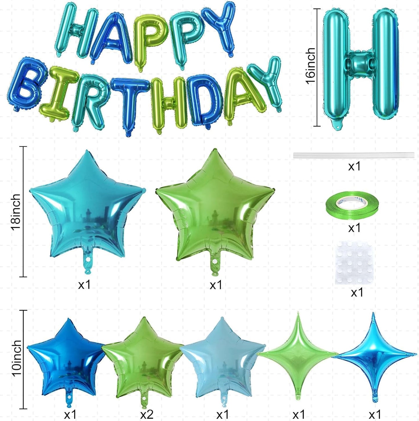 Happy Birthday Balloon Banner Blue Green, 16 Inch Mylar Foil Letter Balloons, Reusable Birthday Decorations with 8 Pcs Blue and Green Foil Balloons, Inflatable Party Supplies for Men Women Girls
