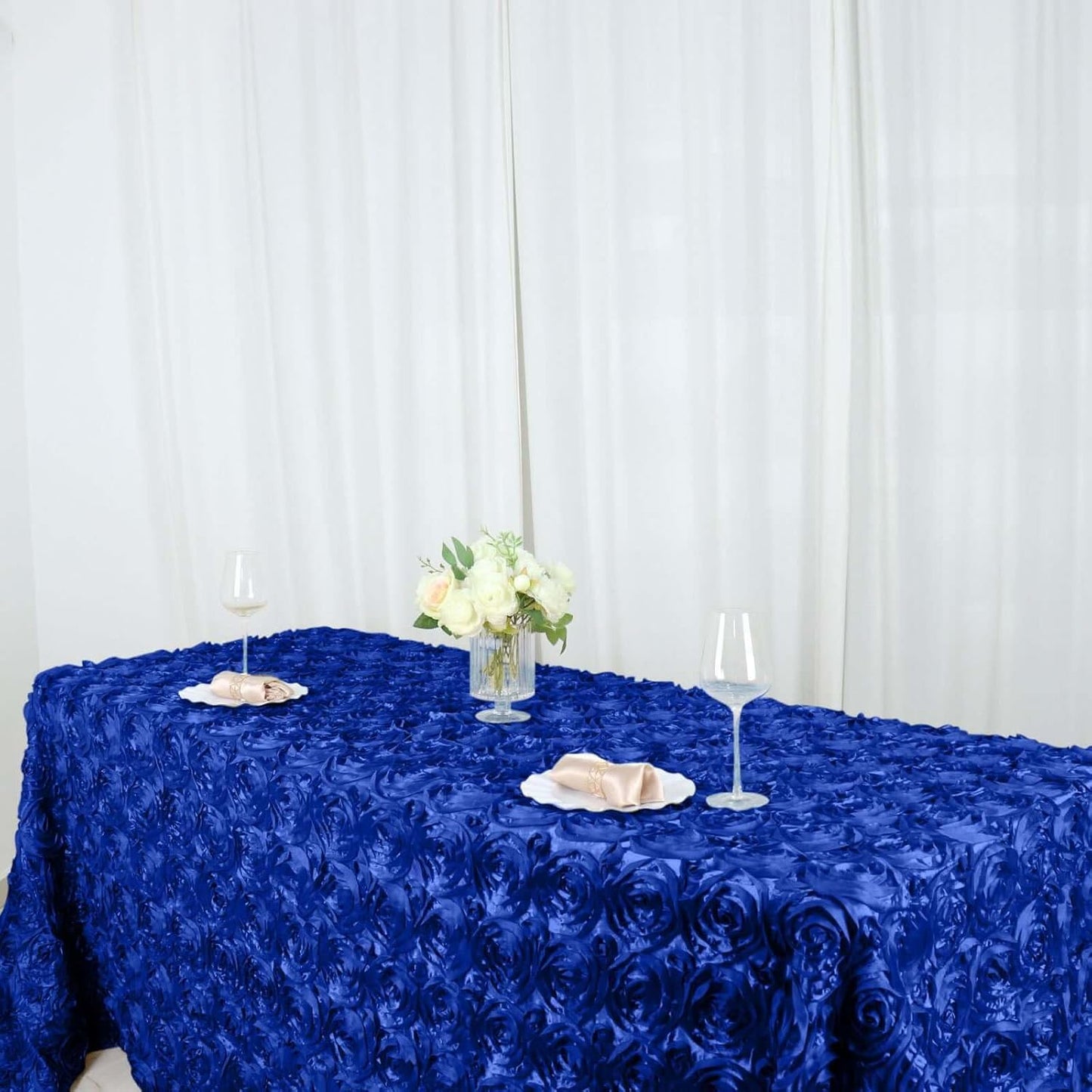 Efavormart 90"x132" Wholesale Rectangle Table Cover Royal Blue Grandiose Rosette 3D Satin Tablecloth for Wedding Party Event