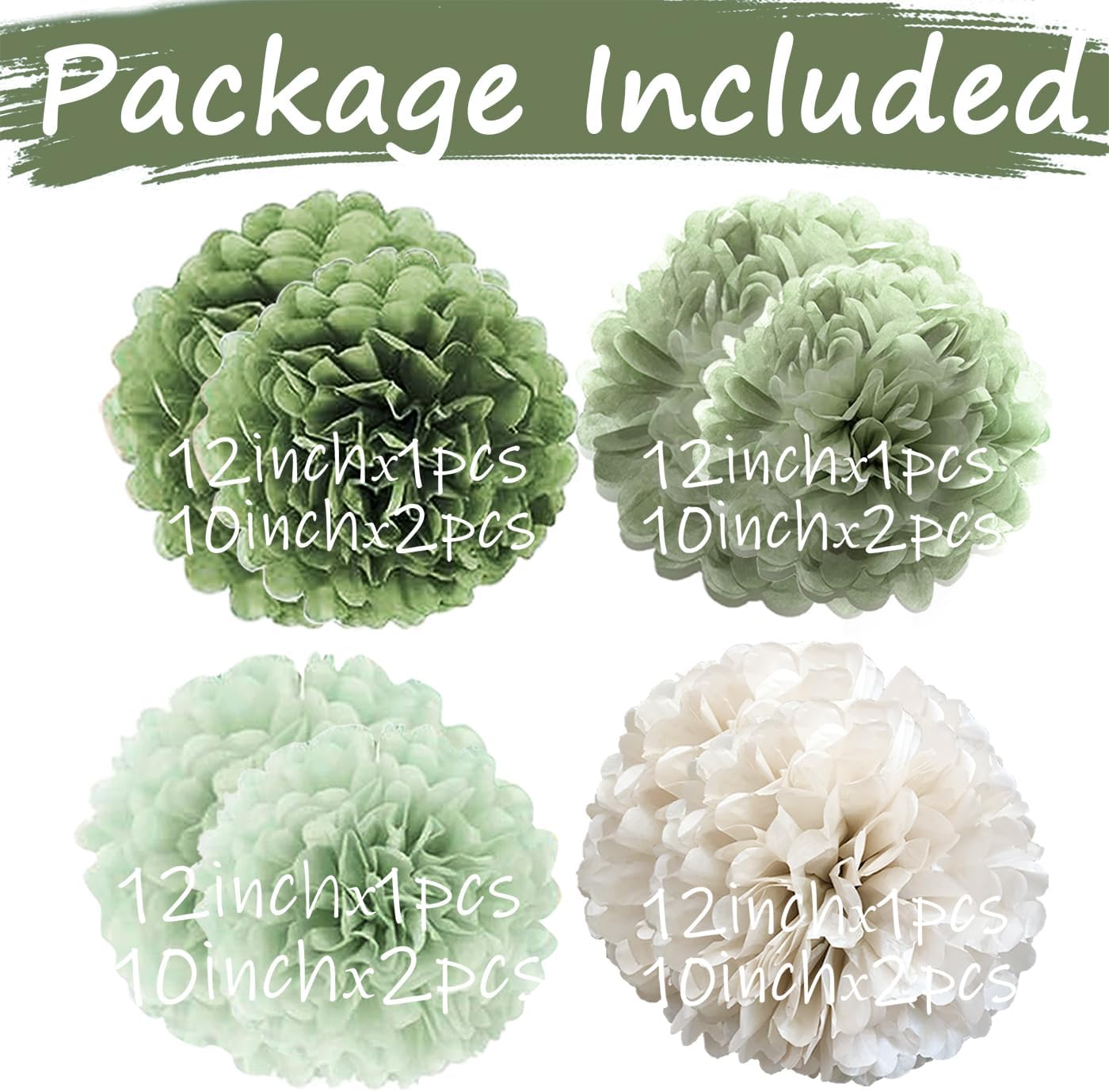 Tissue Paper Pom Poms Kit Paper Flowers 12pieces for Gender Baby Shower Wedding Bridal Bachelorette Birthday Party Decorations (Sage Olive Green)