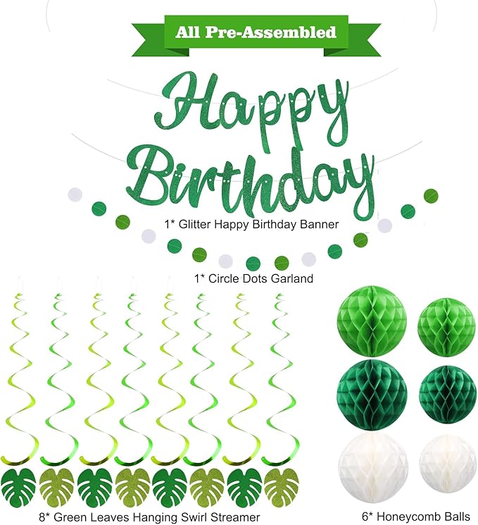 Birthday Decorations, NO DIY, Pre-Strung Happy Birthday Banner with Honeycomb Balls, Hanging Swirls, Circle Dots Garland, Happy Birthday Party Decorations for Women Men Boys Girls (Green)