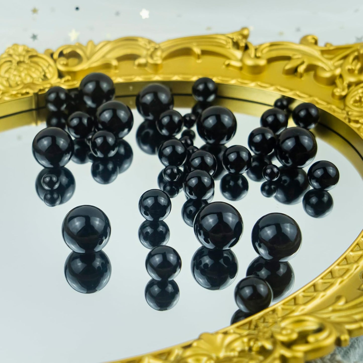 300Pcs Black Polished No Hole Faux Pearl Beads for Vase Filling Decorations, Plastic Pearls Vase Fillers, Table Scatters, Wedding Centerpiece, Home Decor, 8/14/20 mm
