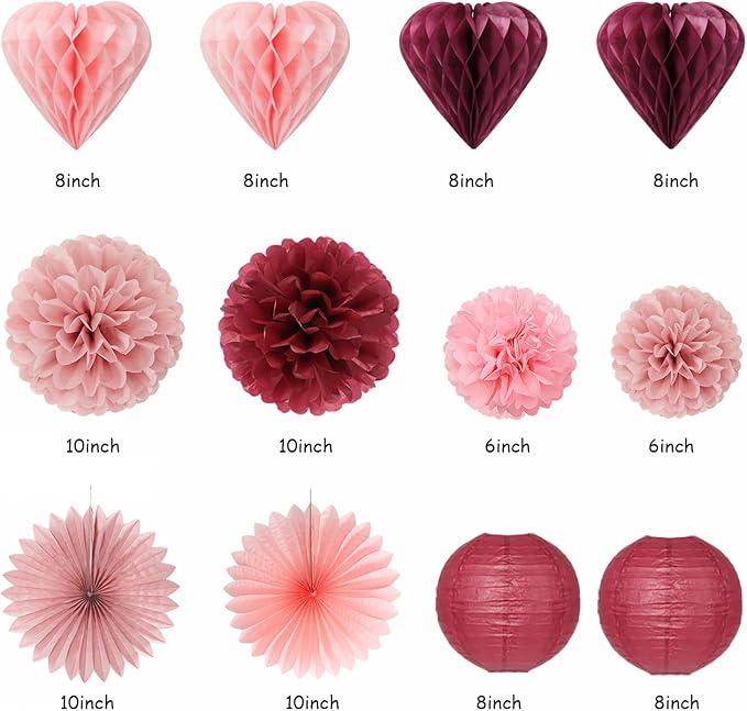 Pink Burgundy-Red Valentines-Day Galentines Party-Decorations - 22pcs Be Mine Love Banner,Wine Red Paper Lanterns Honeycomb Balls,Tissue Pom Poms Flowers Fans,Happy Anniversary Decor Hugmoon