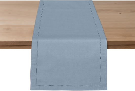 Ruvanti Linen Table Runner 120 Inches, Classic Hemstitch, Washable, Reusable, Non-Slipping, Stain Resistant- Perfect for Parties, Weddings, Dinners, Thanksgiving, Christmas, Indoor use – Grey