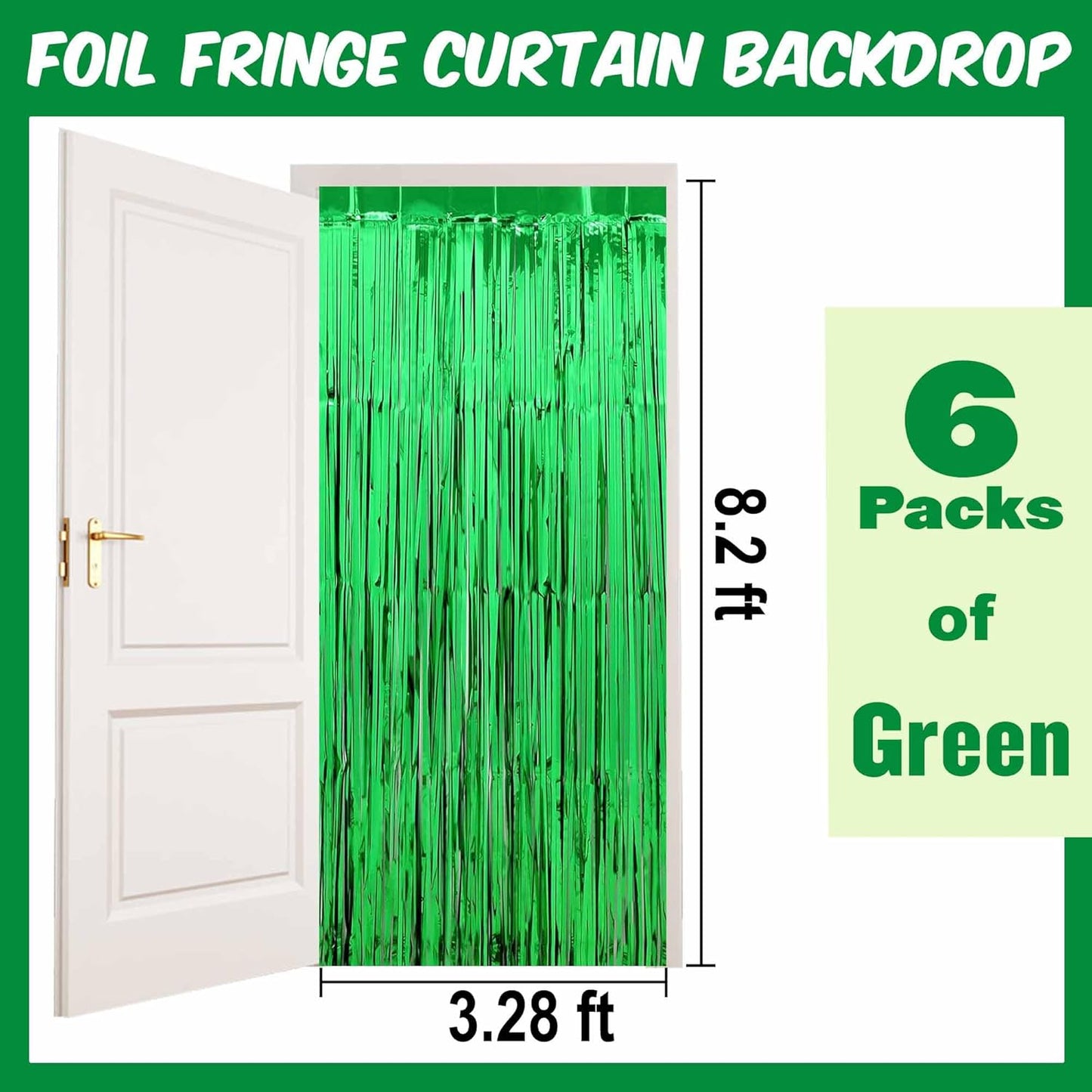 6 Pack Green Foil Fringe Curtains Backdrop, 3.28 x 8.2 Ft Metallic Streamers Tinsel Curtains Background for Photo Booth, Birthday, Weddings, Carnivals, Graduation, Themed Party Decorations