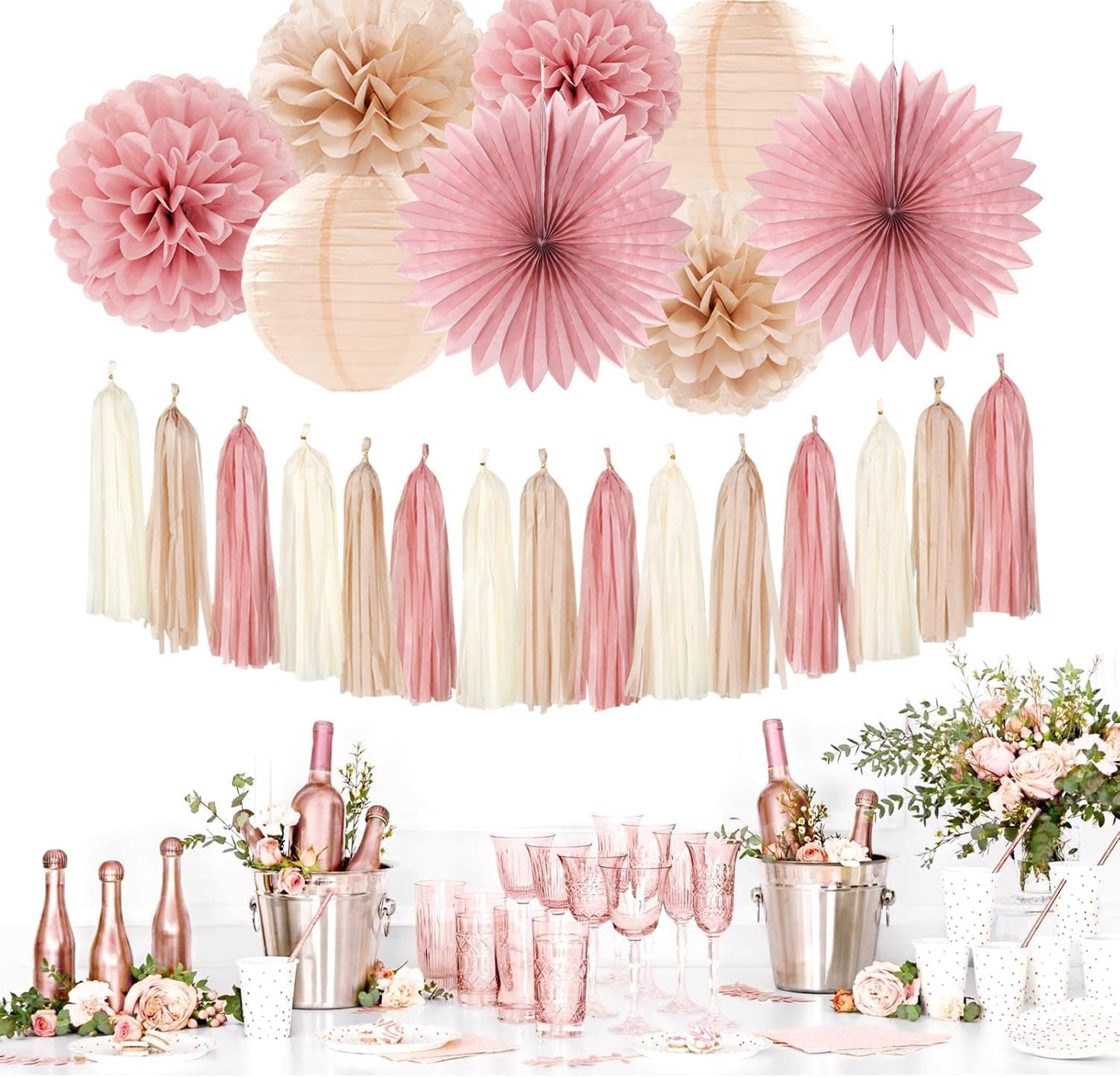 Blush-Pink Rose-Gold Bridal-Shower Fall Party-Decorations - 31pcs Bride To Be Sign Banner,Bachelorette Paper Lanterns,Wedding Streamers Garland,Boho Peach Tissue Pom Poms Fans Decor Supplies Burgleda