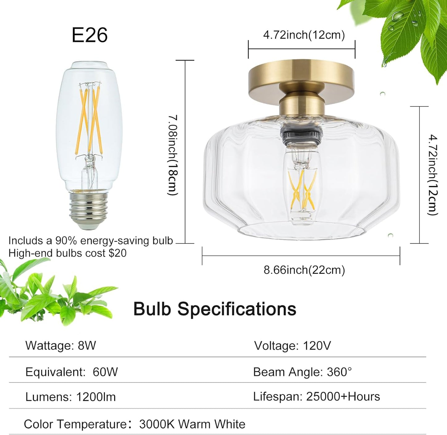 Gold Flush Mount Ceiling Light Modern - Hexagonal Diamond Faceted Glass, 50% Brighter 1200LM LED, Low-Profile for Kitchen/Hallway/Entryway, Tool-Free Installation (Brushed Gold Finish)