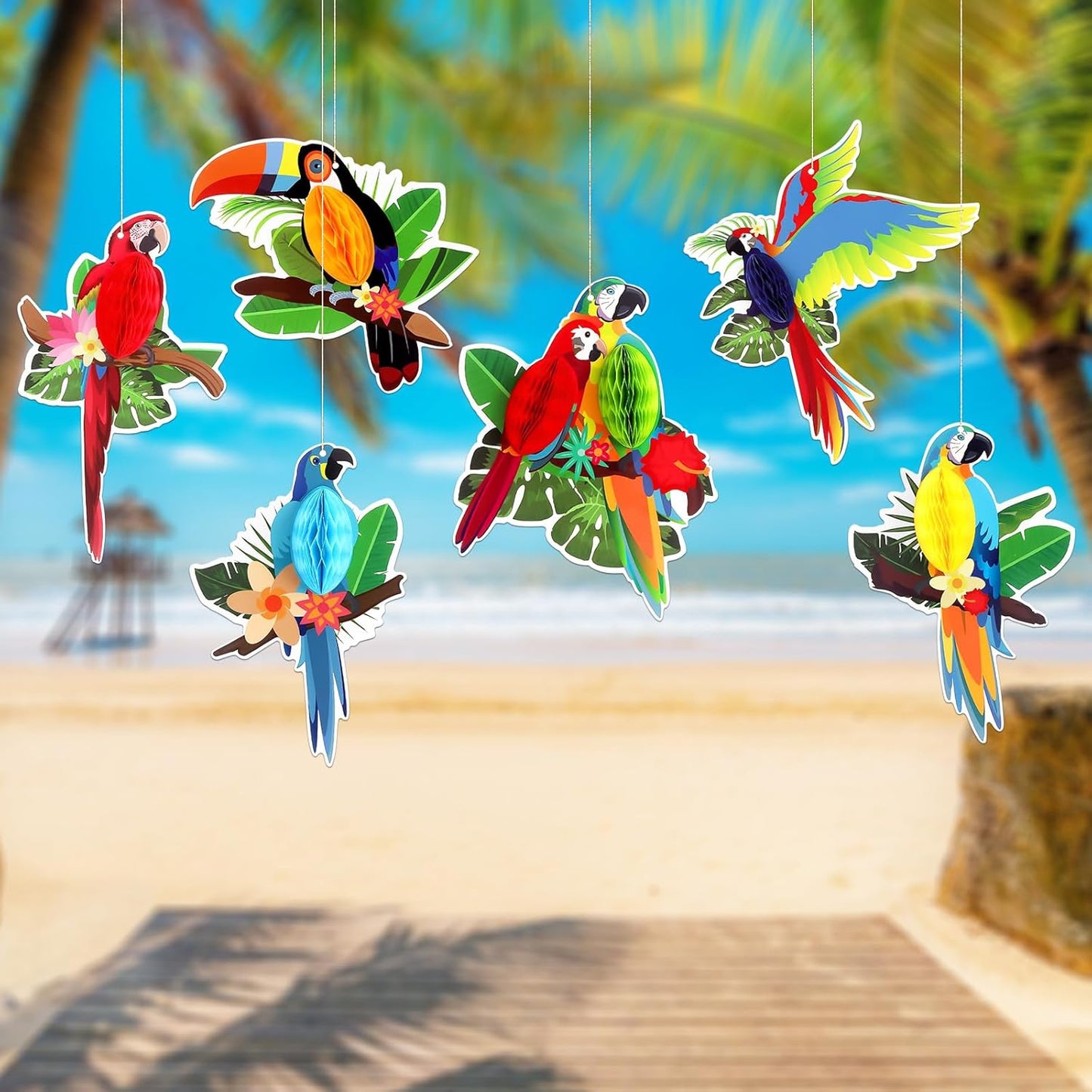 6Pieces Tropical Birds Honeycomb Parrot Paper Cutouts Decorations, Hawaiian Party Hanging Parrot Decorations for Luau Summer Rainforest Party Indoor Outdoor