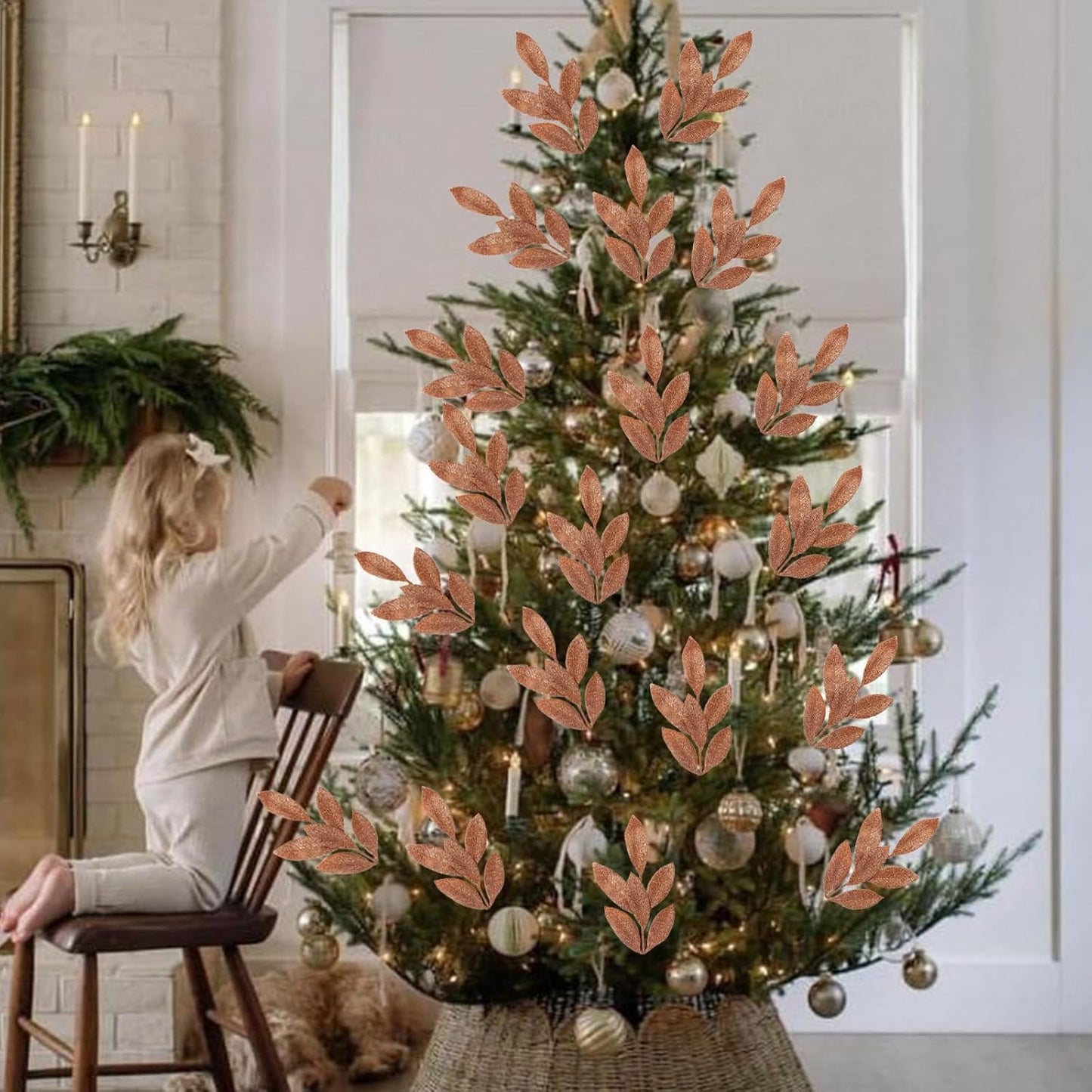 GREENTIME 12 Pack Artificial Brown Glitter Leaves 13" Fake Christmas Picks Decorative Glitter Sticks for Vase Christmas Tree DIY Wreath Crafts Fireplace Decor