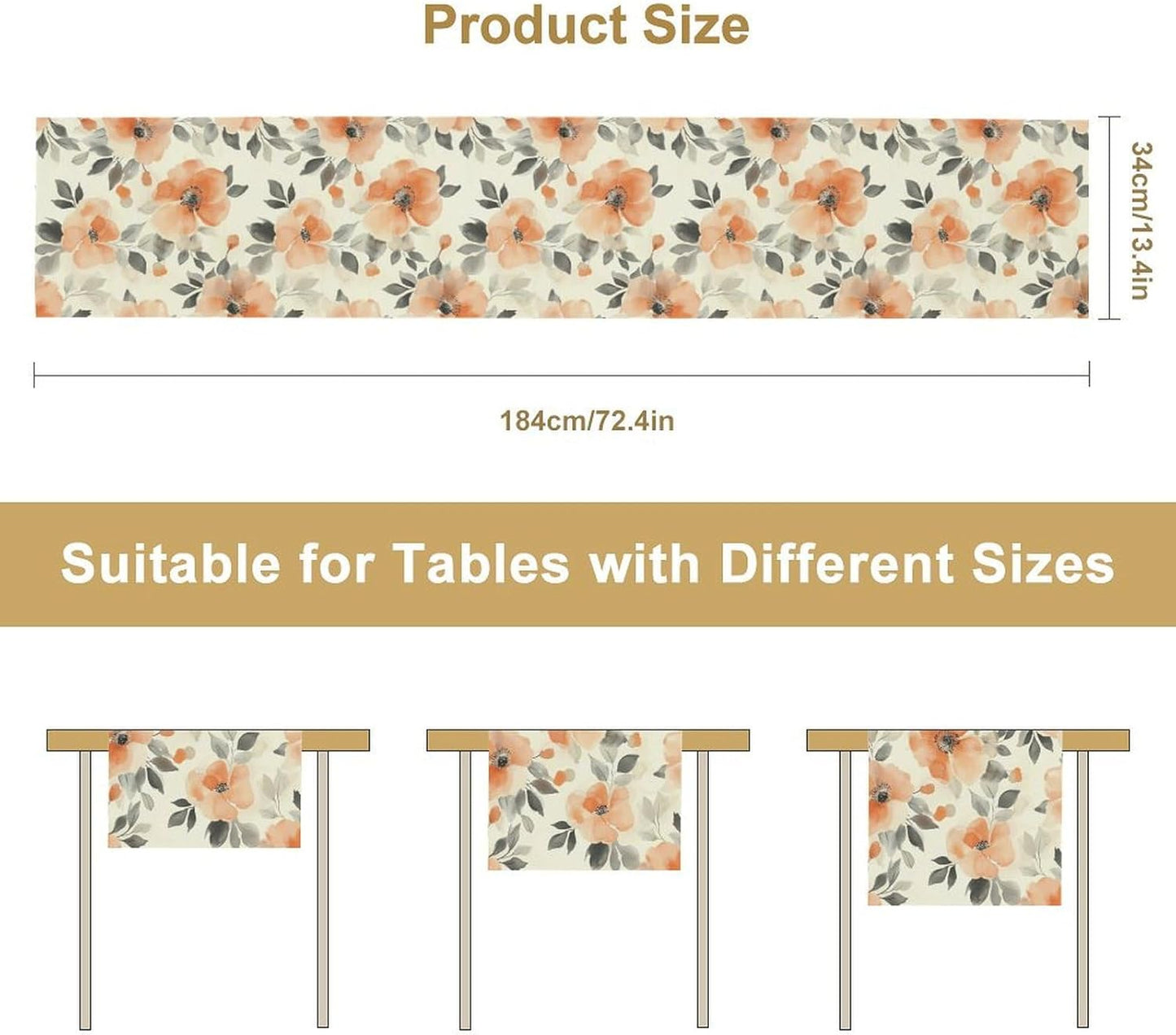 Floral Fall Table Runner, Rustic Watercolor Orange Flowers Seasonal Summer Autumn Table Runner for Kitchen Dinning Table Runner Decor Home Wedding Party Holiday, 13x90 Inch