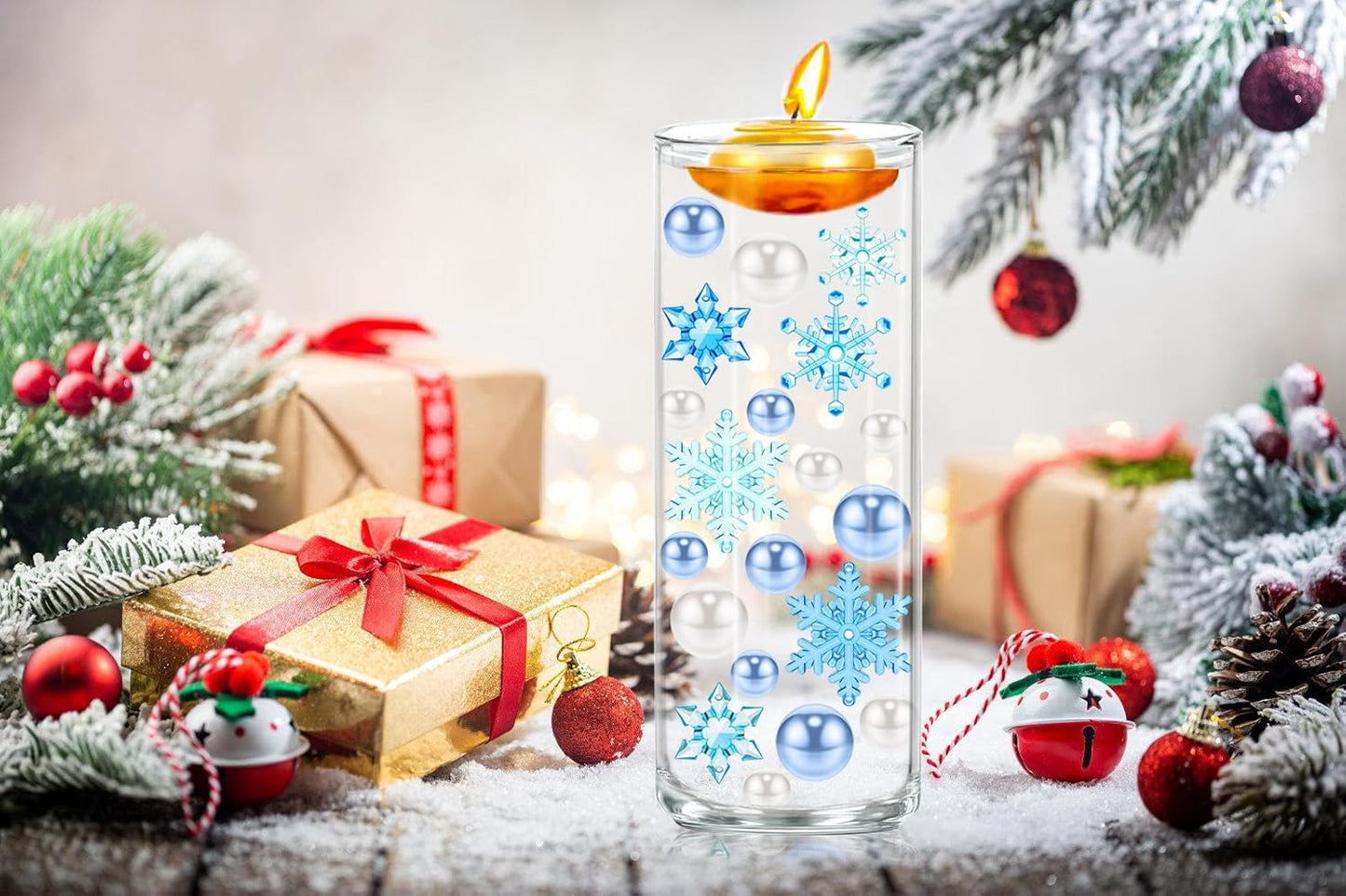 110 Pcs Vase Filler Christmas Decorations and Floating Beads, Snowflake Vases Fillers