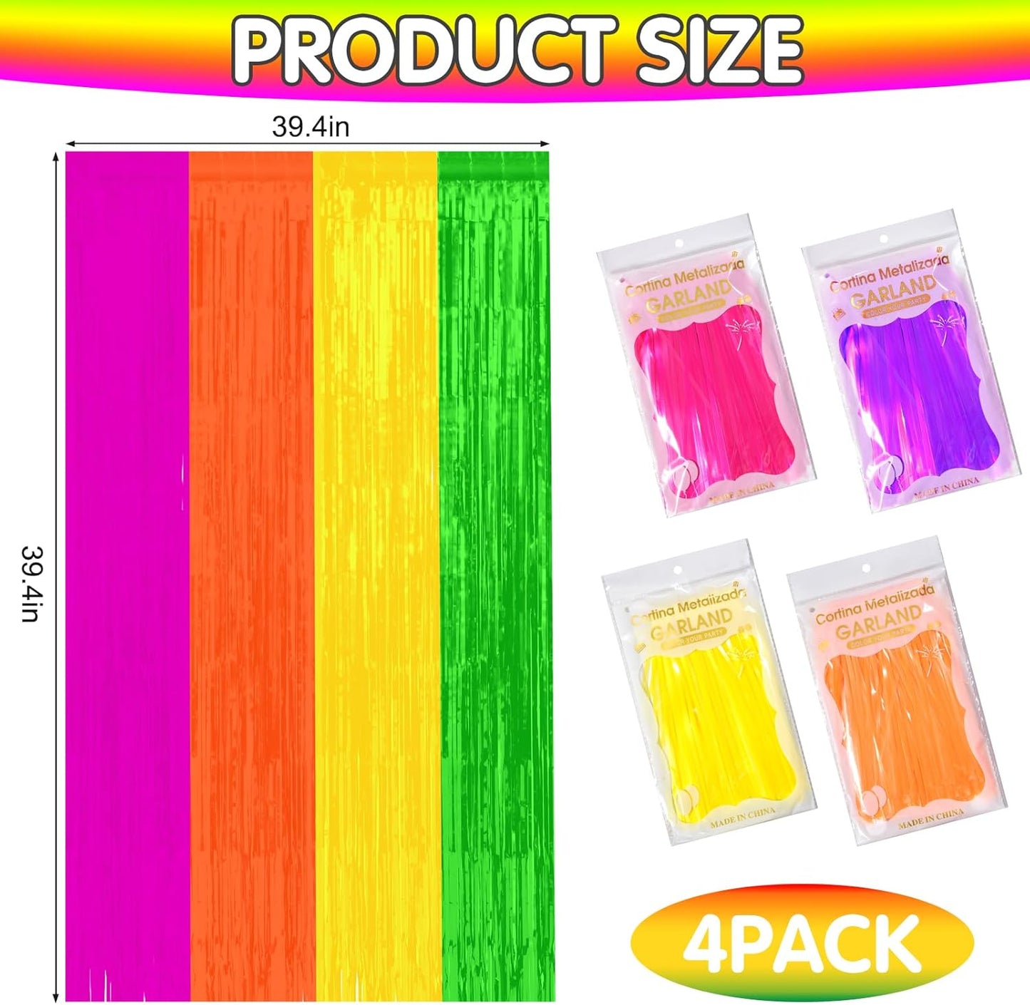 4Pack 3.3Ft x 6.6Ft Multi-Color Glow in the Dark Foil Fringe Curtain Backdrop Party Supplies, Fluorescent Macaron Metallic Tinsel Foil Streamers Curtain Photo Booth for Neon Birthday Party Decorations
