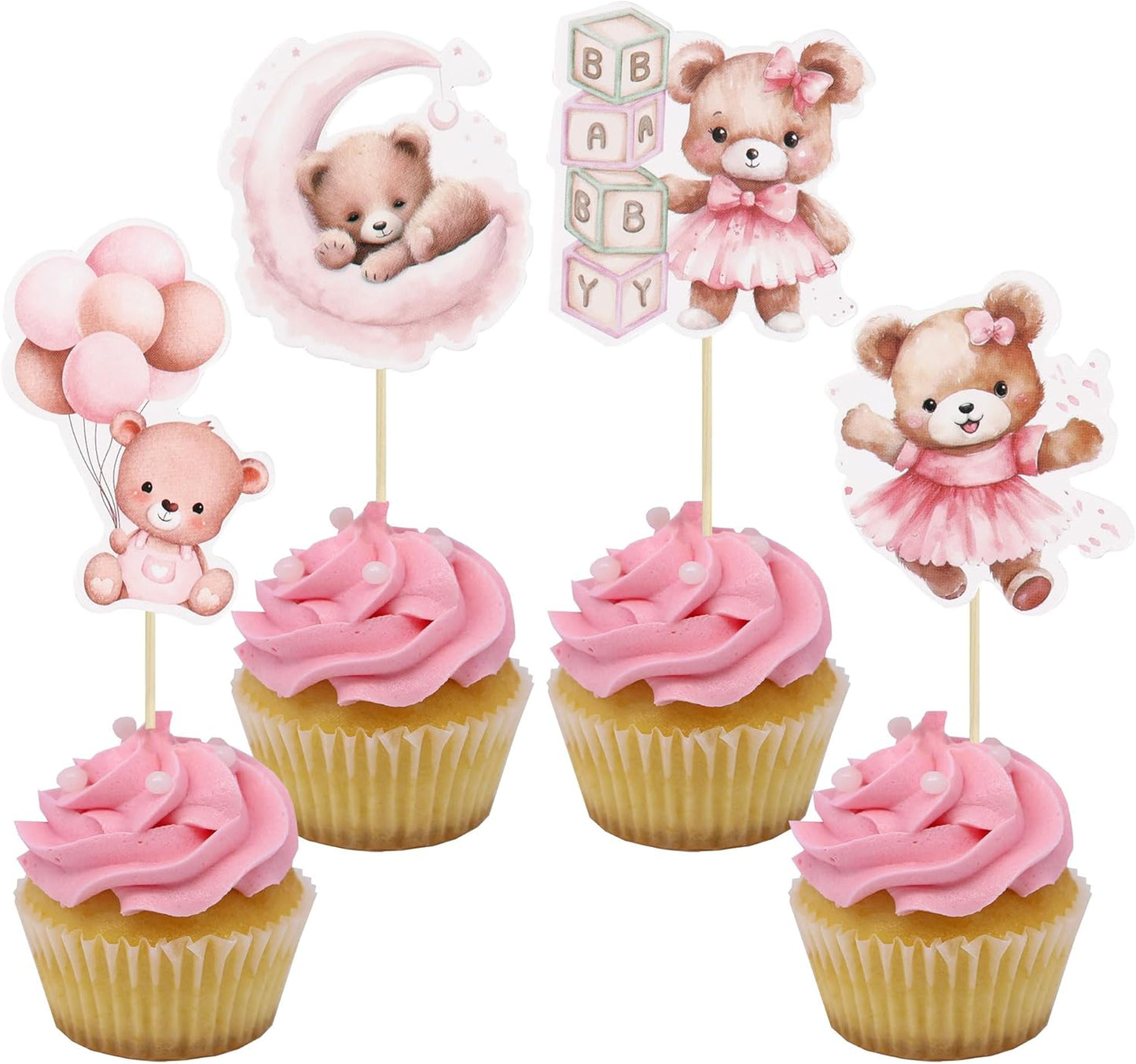 Gyufise 32Pcs Baby Shower Bear Cupcake Toppers Moon Baby Bear Baby Shower Cake Topper Decorations Jungle Animal Theme Birthday Party Cake Supplies Pink