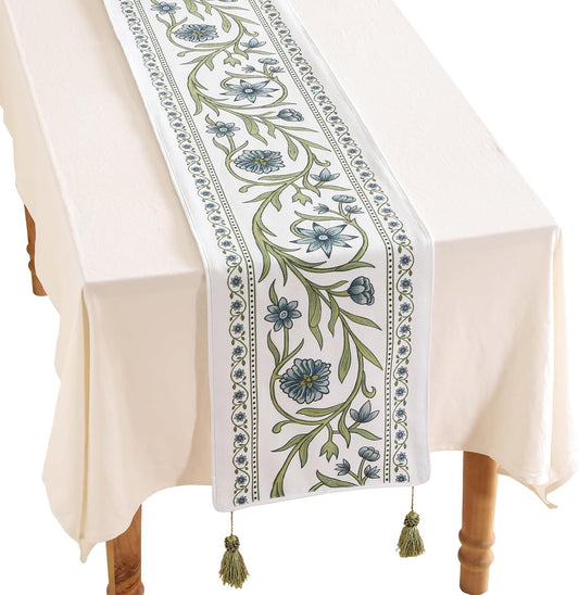 ISAENNE Designer Elegant Linen Table Runner 87 Inches Long,Vintage Blue Floral Pattern Decor Table Runners for Dining Tables,Kitchen Tables,Thanksgiving,Christmas,Banquet,12"*87"-Mosella E