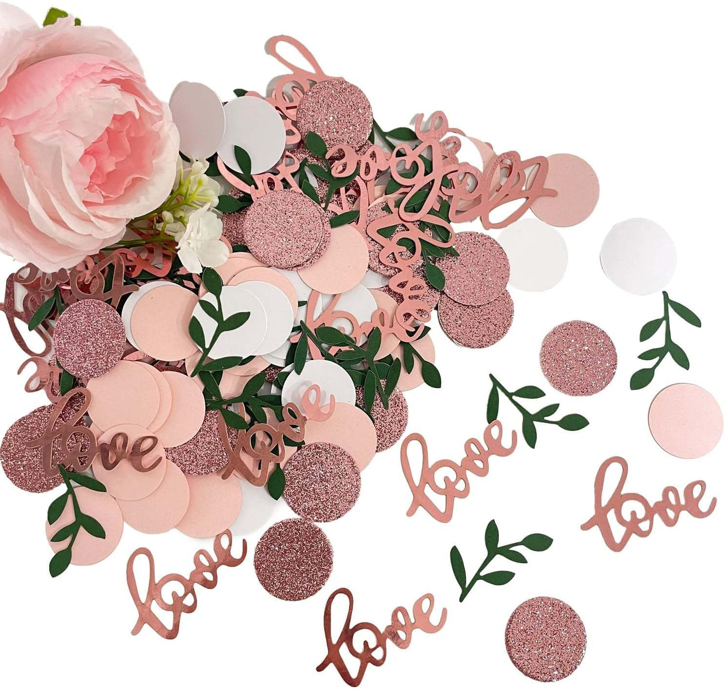 200 Pcs Rose Gold Glitter Wedding Table Confetti, Greenery Eucalyptus, Bridal Shower Decorations, Pink Love Confetti, Engagement Party Scatters