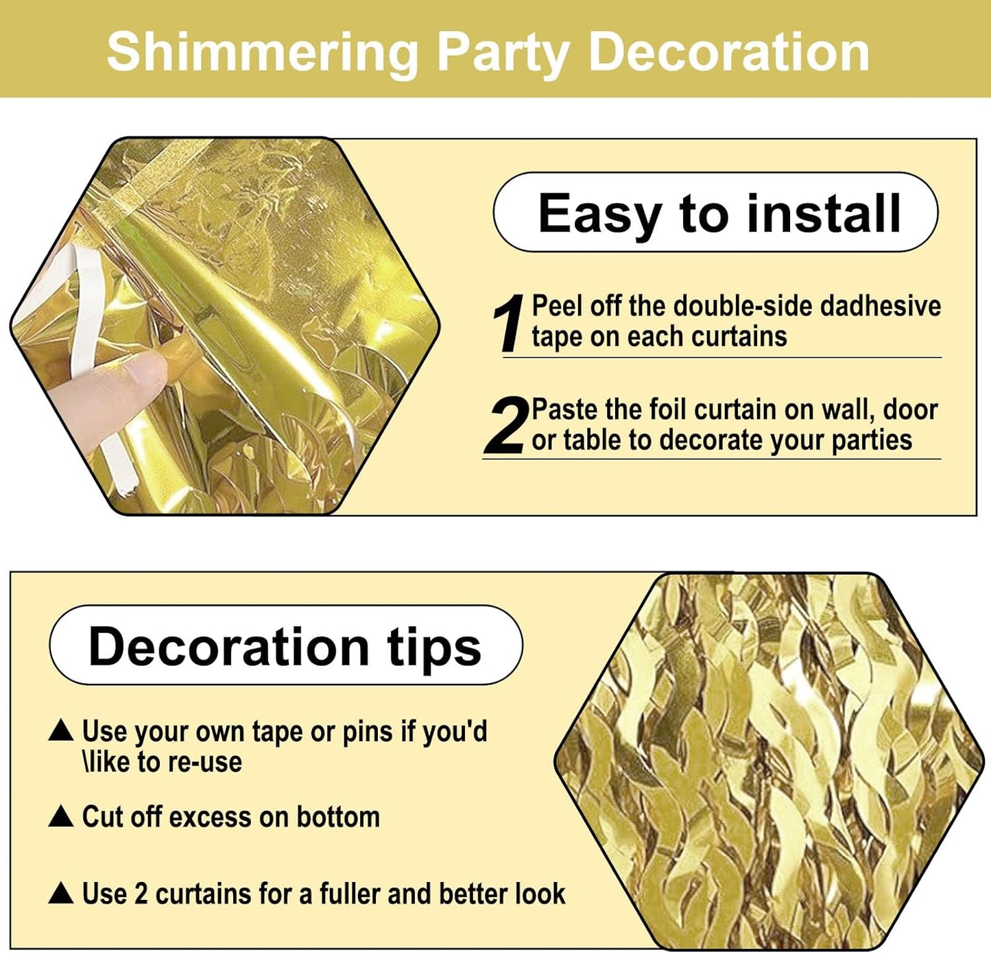 4 Pack Light Gold Wave Foil Fringe Curtain Backdrop, 3.28Ft x 8.2Ft Metallic Tinsel Foil Fringe Streamer Curtains for Photo Booth, Mother's Day, Easter, Birthday, Wedding Party Decoration