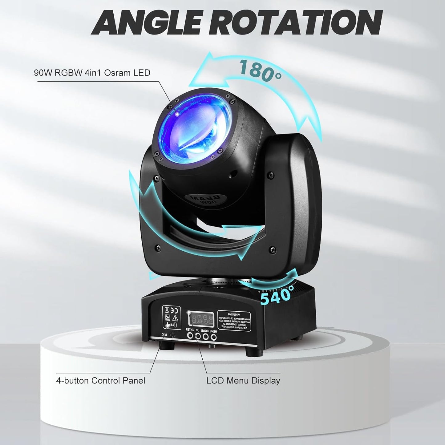90W LED Moving Head DJ Lights Mini Beam Stage Lights Super Bright Spot RGBW 4IN1 DMX 512 12CH Sound-Activated for Wedding DJ Party Stage Lighting (90W, 1)
