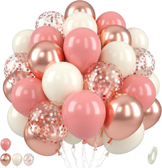 Paready Dusty Pink Balloons, 50 Pcs Retro Blush Pink White Balloons, 12 Inch Metallic Confetti Rose Gold Balloons Helium with Ribbon for Girls Wedding Bridal Baby Shower Birthday Party Decorations