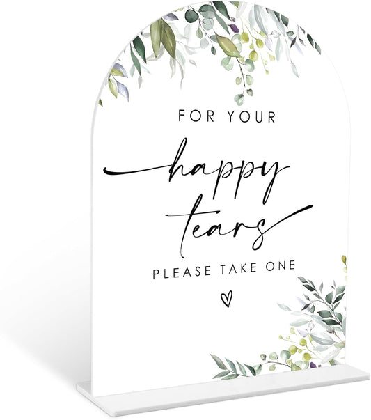Greenery Happy Tears Tissue Sign, 6 x 8 Inch White Arch Acrylic Wedding Sign with Holder, Wedding Sign for Ceremony and Reception, Wedding Decoration, Wedding Supplies - LY25