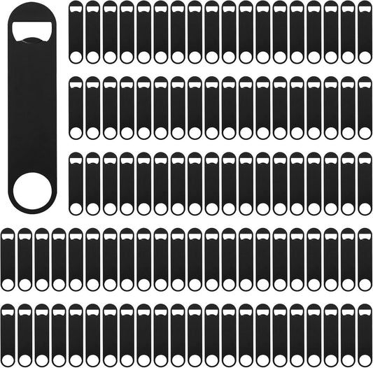 100 Pack Flat Beer Bottle Opener 7 inch Stainless Steel Flat Bottle Opener Black Beer Bottle Openers for Bartender Kitchen Bar Restaurant (7 Inch)