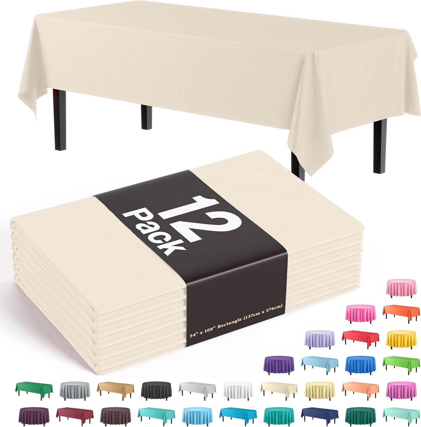 Party Solids 12-Pack Premium Plastic 54-Inch-by-108-Inch Rectangle Tablecloth, Ivory
