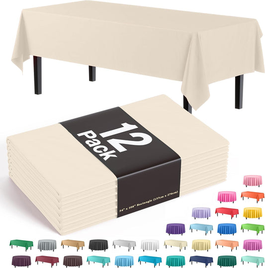 Party Solids 12-Pack Premium Plastic 54-Inch-by-108-Inch Rectangle Tablecloth, Ivory
