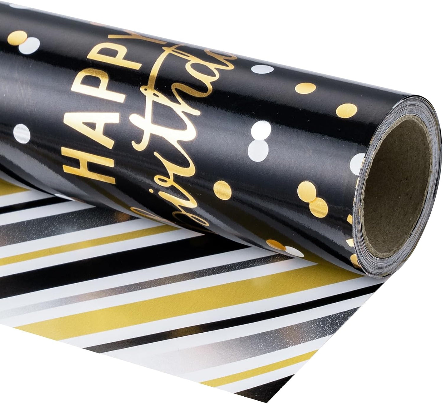 LeZakaa Reversible Black Birthday Wrapping Paper Roll for Boys Men, Happy Birthday Lettering & Stripe Pattern with Metallic Gold Foil in Black, Mini Roll, 17 inches x 32.8 Feet (46.45 sq.ft.)