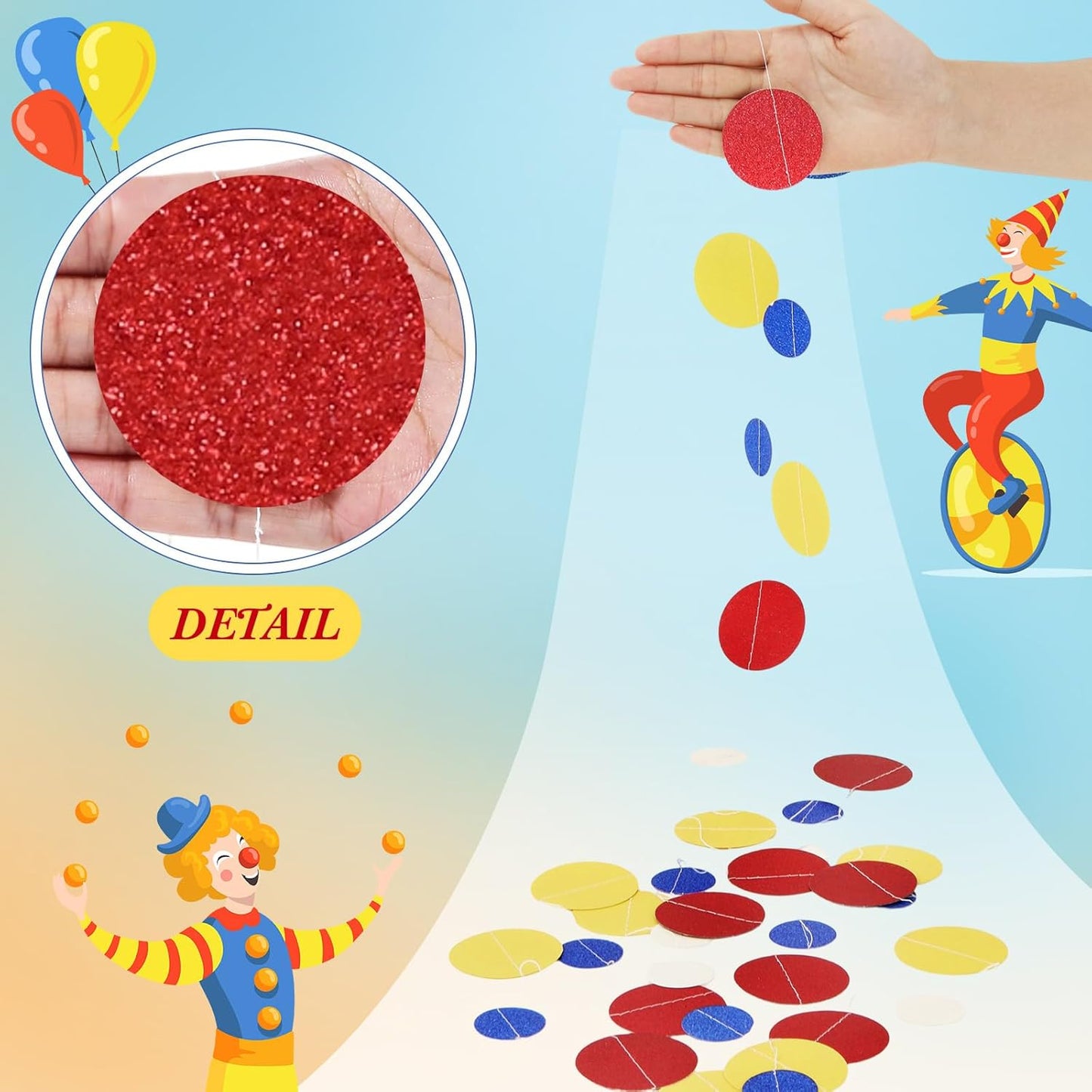 Outus 10 Pieces Colorful Dots Paper Garland Round Glitter Garland Hanging Confetti Streamers Backdrop for Candy Birthday Classroom Halloween Trunk or Treat Car Decoration (Red,Blue,Yellow)