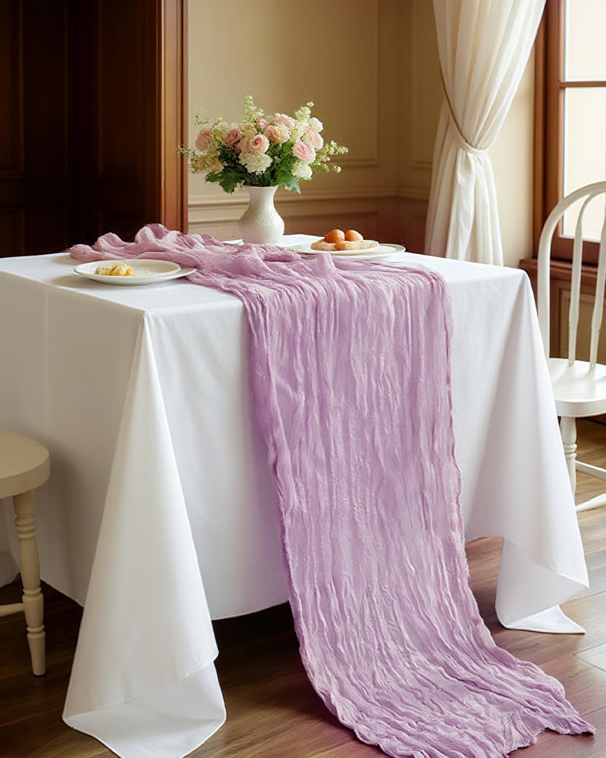 Lavender Purple Cheesecloth Table Runner 120 Inch, Lilac Boho Rustic Gauze 10 FT, Summer Cheese Cloth Runner for Wedding, Baby Shower, Party, Farmhouse Centerpiece Home Decorations