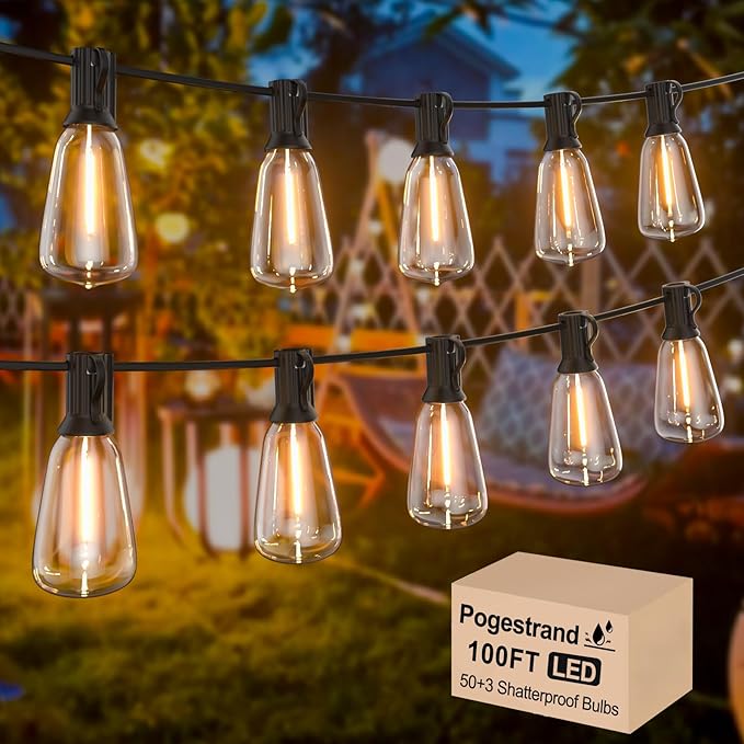 LED Outdoor String Lights 100ft ST38 Waterproof Patio Lights with 50 Vintage Shatterproof Bulbs(3 Spare), Dimmable Outside Hanging Edison String Lights for Backyard Porch Balcony Decor, Warm White