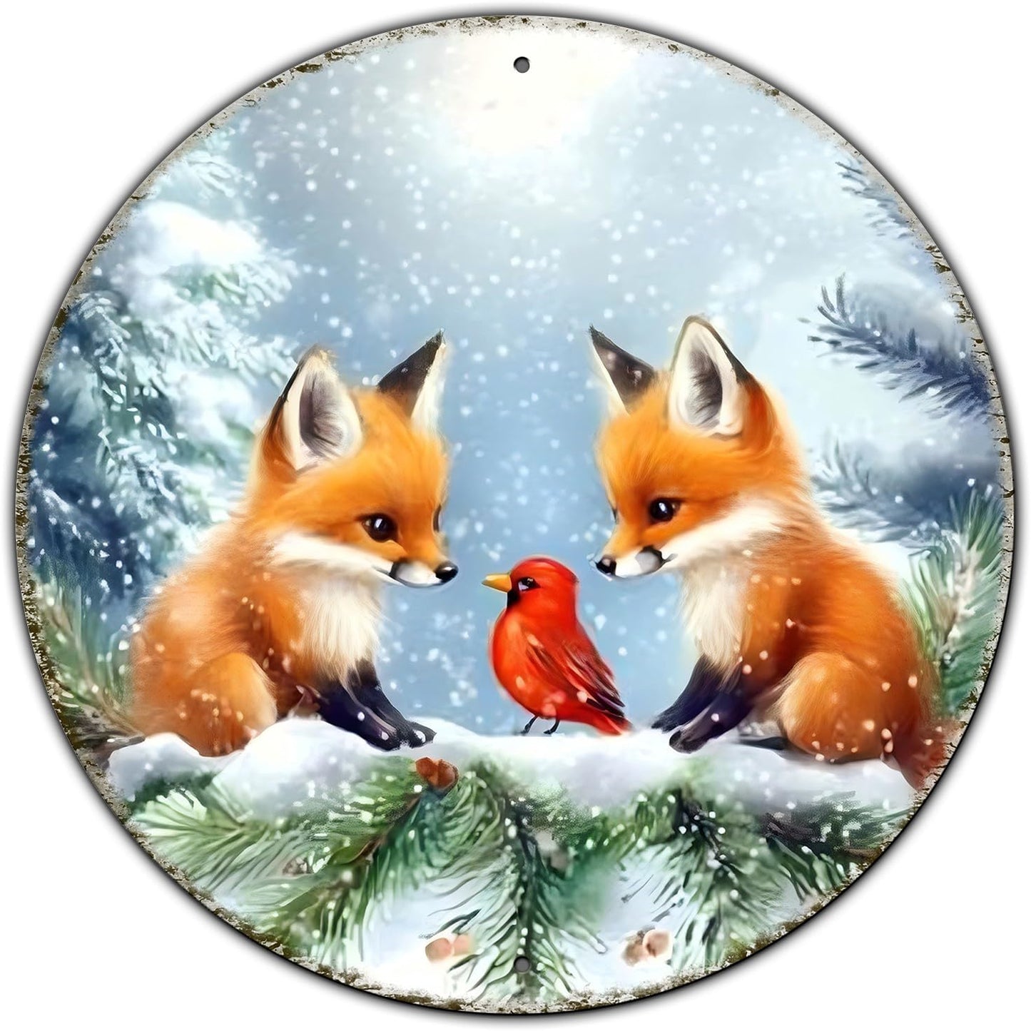 Christmas Round Fox Metal Tin Sign - Red Bird Winter Vintage Sign for Home & Outdoor Decorations - 8 * 8 in