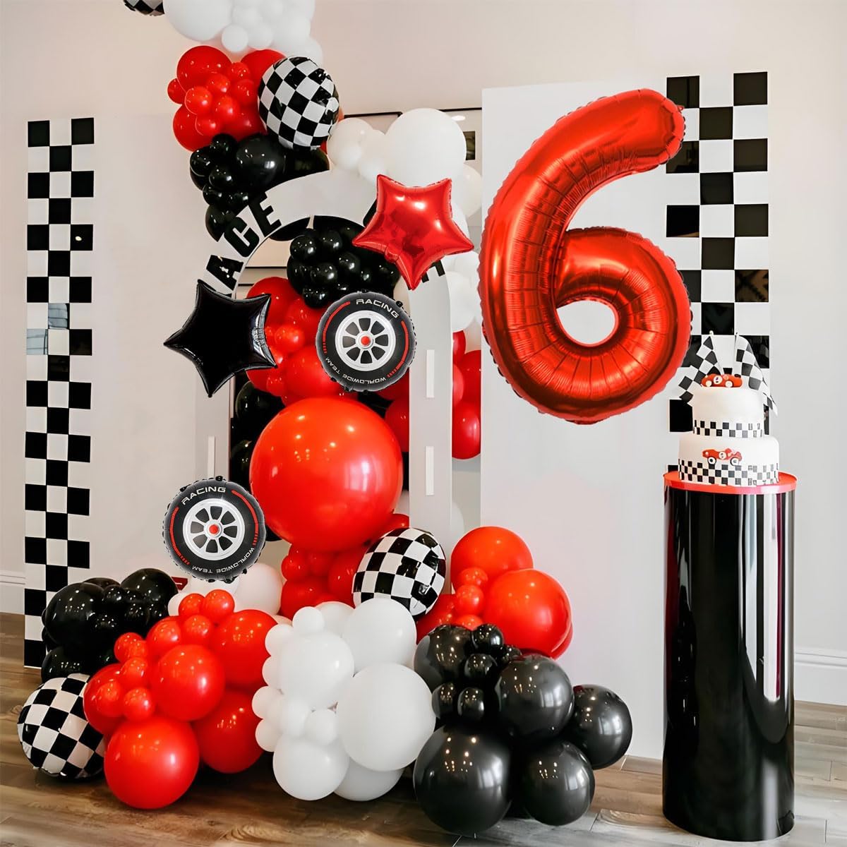 Race Car Birthday Decorations - 40 Inch Mylar Red Number 6 Balloons - Black Foil Checkered Race Car Balloons for 6st Birthday Race Cars Themed Party Decorations Supplies