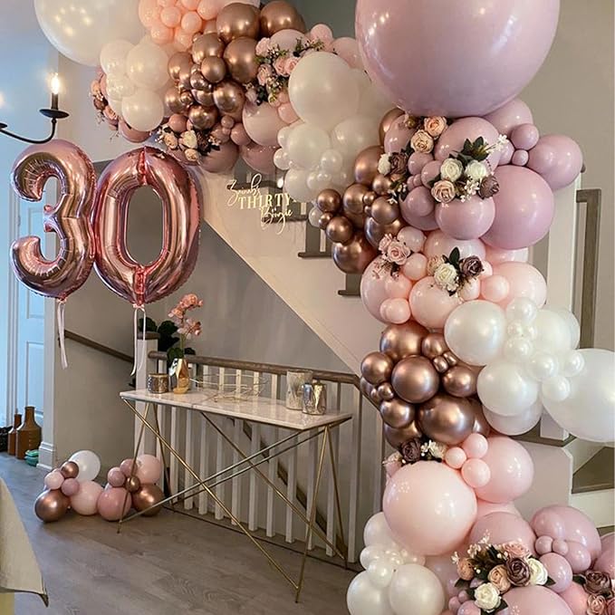 PartyWoo Dusty Pink Balloons 65pcs 12 Inch Blush Rose Pink Metallic Rose Gold Nude Boho White Sand Confetti Balloons for Baby Shower Birthday Gender Reveal Wedding Anniversary Party Decorations