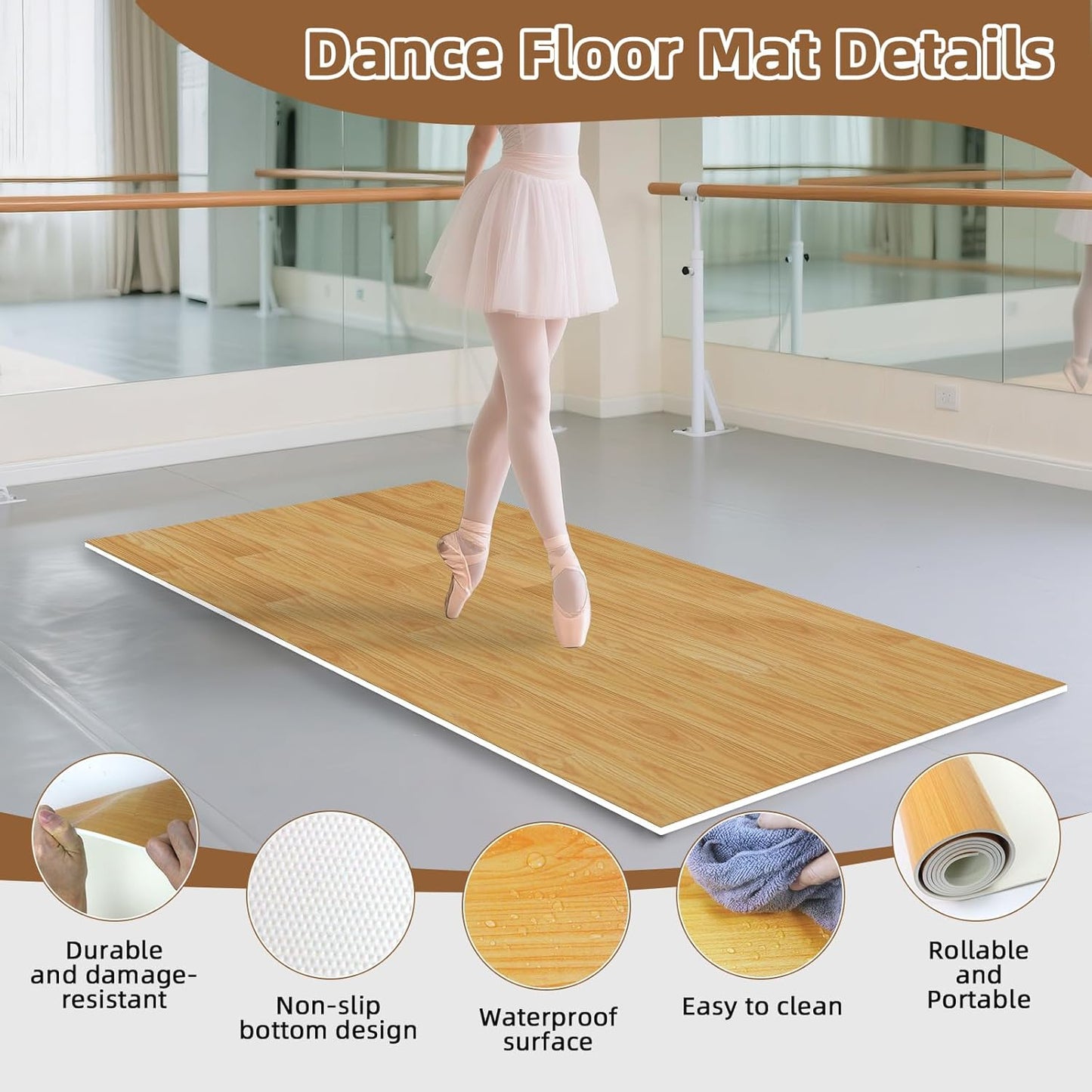 Dance Floor Mat Non-Slip with Shoulder Strap Portable and Dance Resistance Band, Dance Floor for Ballet,Jazz, Pop Thick PVC Practice Floor Reusable Mat (Dark Natural Wood Color, 200cm*90cm*0.5cm)