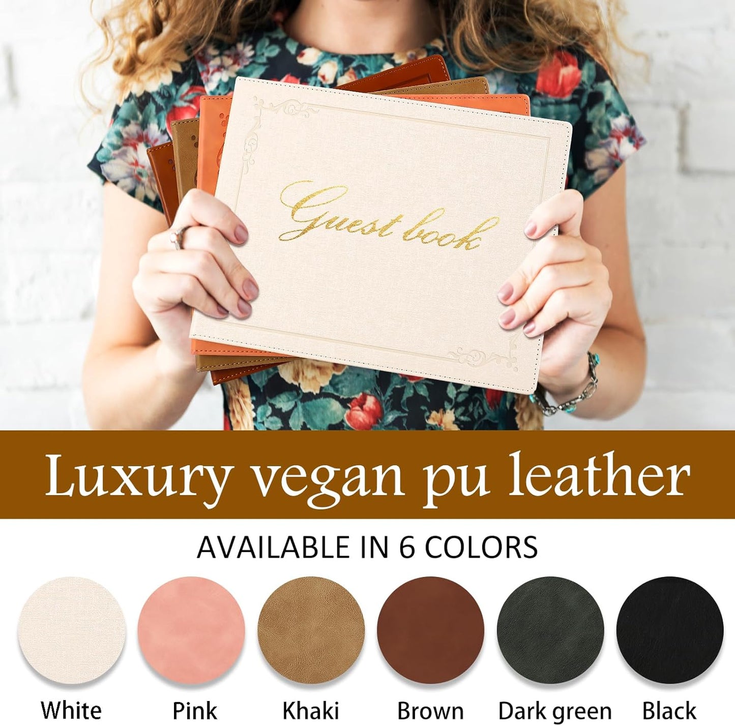 8x10 Leather Guest Book and Standup Sign Set, Gold Foiled Cover Registry Book for Wedding Reception, Retirement Party, Vacation Homes and Events, 120 Pages (White)