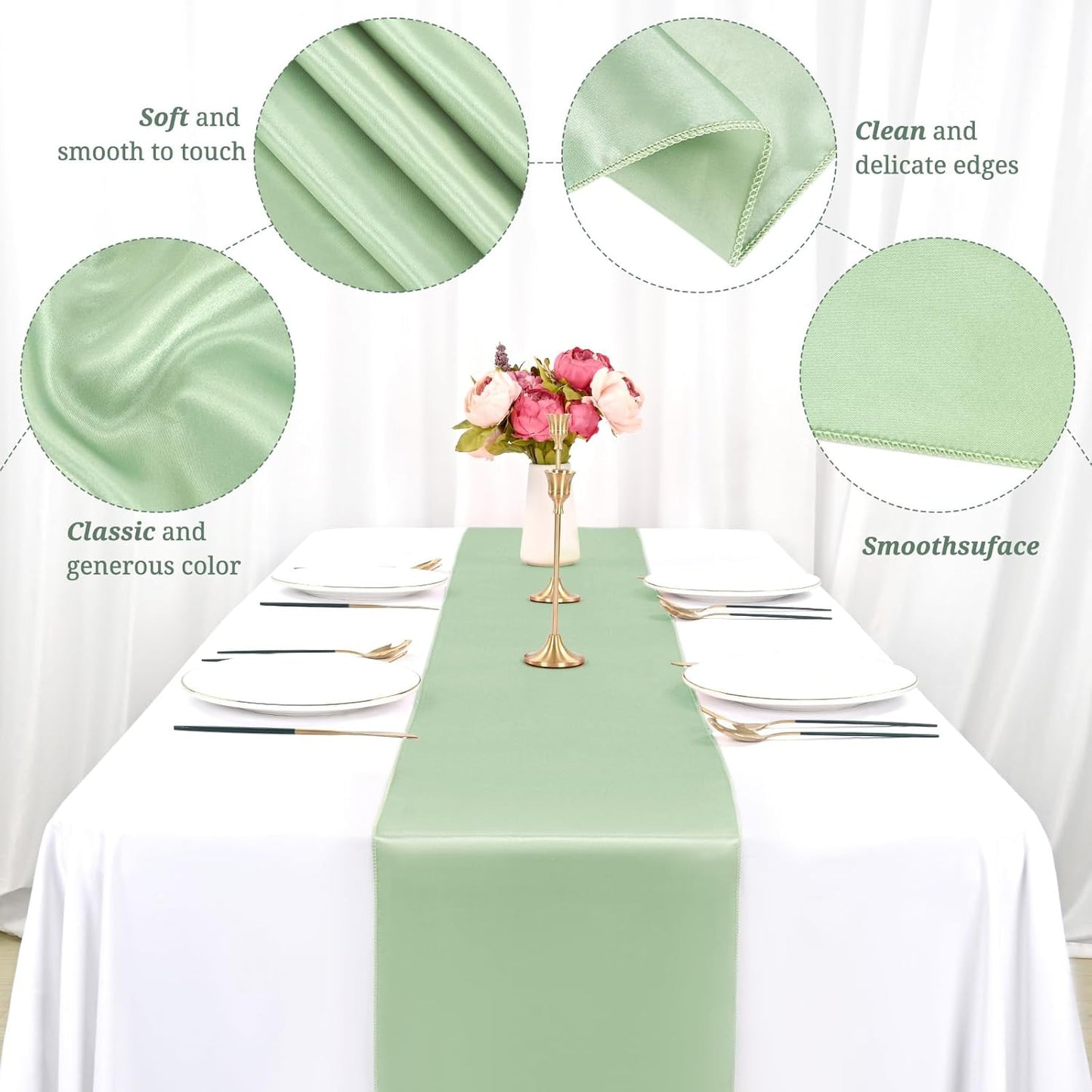 12 Pack Sage Green Satin Table Runner,12 x 108 inch Long Premium Smooth Table Runner for Wedding, Banquets, Birthday, Party, Graduation, Engagements, Table Runners fit Rectangle and Round Table
