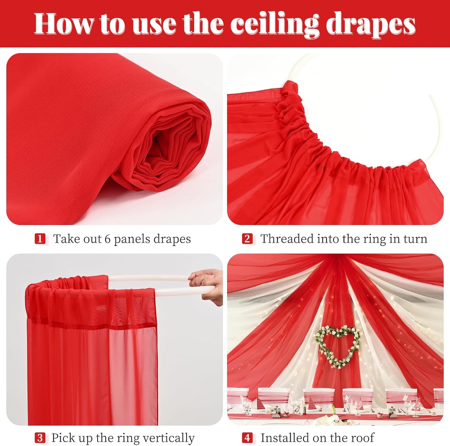 6 Panels Red Wedding Ceiling Drapes 5ftx20ft Ceiling Drapes Chiffon Fabric Arch Draping Sheer Curtains Soft Drapery Draping Wedding Ceiling Decorations for Party Ceremony Stage Swag