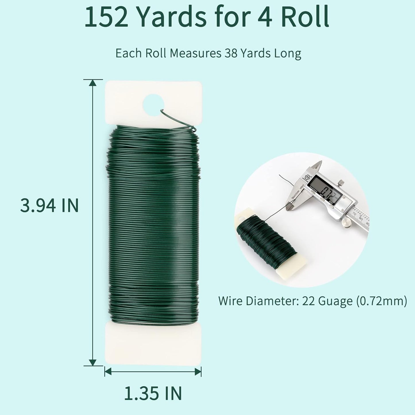 4 Rolls Green Floral Wire - 152 Yards, 22 Gauge, Flexible, for Flower Arrangement, Garland, Wreaths, Plant Crafts